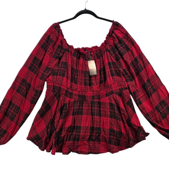 Torrid Red Plaid Rayon Slub Waist Blouson Sleeve Top Boxy Neck Smocked Waist 2 - Picture 1 of 9